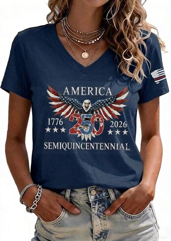 250th Anniversary USA Patriotic V-Neck T-Shirt for Women, Cotton 1776-2026 Tee, 4th of July Casual Tops in Saudi Arabia