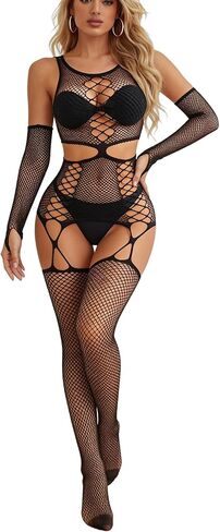 Women's Fishnet Bodysuit Leopard Lingerie Bodystocking See Through Mesh Jumpsuit with Long Sleeve Design for Rave in Saudi Arabia