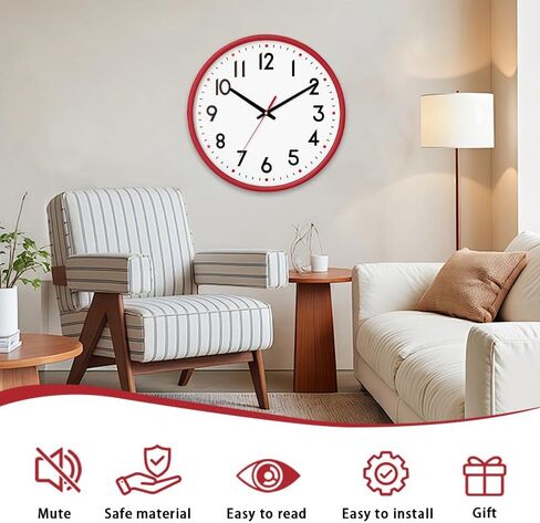 Wall Clock Battery Operated,Red,wall Clock 8Inch Silent Non-Ticking Modern Wall Clock for Living Room, Bedroom, Kitchen, Office, Classroom Decor in Saudi Arabia