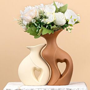 Heart Linked Couple Vase Set - 2-Pcs Beige & Brown Ceramic Vases with Hollow Heart Design, Romantic Gifts for Couples, Wedding Decor for Couple,Decorative Vase for Living Room/Dresser in Saudi Arabia