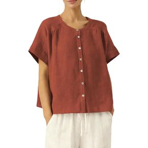 Women's Linen Button Down Shirts Pleated Crew Neck Short Sleeves Blouse Lightweight Loose Fit Casual Tops in Saudi Arabia