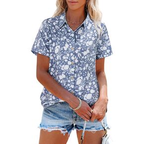 Womens Linen Shirts Short Sleeve Button Down Shirts Casual Vacation Beach Summer Tops Cowgirl Western Concert Outfits - White Blue Flower M in Kuwait