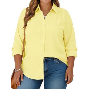 Plus Size Womens Solid Color V Neck Button Down Blouse Long Sleeve Casual Business Dressy Blouses S-5XL in Saudi Arabia