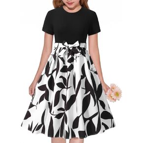NEW 6-14 Years Girls Dress Short Sleeve Floral Print A-Line Bow Party Wedding Guest Church Midi Dress in Kuwait
