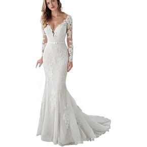 V-Neck Wedding Dresses Long Sleeve Lace Mermaid Beach Wedding Dresses for Bride 2024 Boho Bridal Gowns for Women in Saudi Arabia