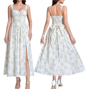 Auraxe Women's Floral Corset Midi Wedding Guest Dress Summer Flowy Tea Party Dresses Bow Tie Slit Beach Sundress for Women in Saudi Arabia