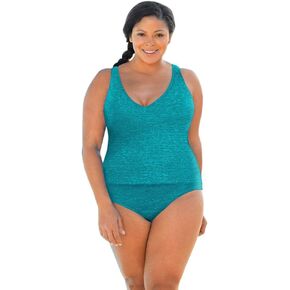 CHLORINE RESISTANT KRINKLE TEXTURED SOLID HIGH BACK PLUS SIZE TANKINI SET in Saudi Arabia