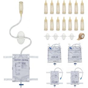 External Condom Catheters for Men (14pcs 30mm),2×750ml Anti-Reflux Leg Bags & 2×2000ml Overnight Urine Bags,Male External Urinary Catheter System for Incontinence,Wearable Kit with Adhesives & Bandage in Kuwait