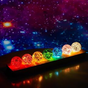 YU FENG 7 Chakra Crystal Ball Set with LED Wooden Stand, 40mm Rainbow Ice Crack Healing Spheres, Crystal Quartz Stones for Meditation, Positive Energy, Night Light and Home Decor in Kuwait