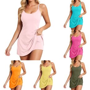 Tennis Dress with Built in Shorts Underneath Athletic Dress Women Spaghetti Straps Sleeveless Workout Tennis Dresses in Saudi Arabia