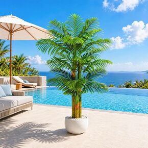 5FT Artificial Golden Cane Palm Tree, UV Resistant Faux Palm Plant with Realistic Trunks and Lush Tropical Leaves, Fake Indoor Outdoor Tree in White Planter for Living Room Patio Office Decor in Kuwait