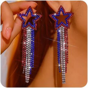 4th of July Heart Star Tassel Earrings Patriotic Rhinestone Dangle Earrings for Women Boho Long Drop Crystal American Flag Jewelry for Independence Day in Saudi Arabia