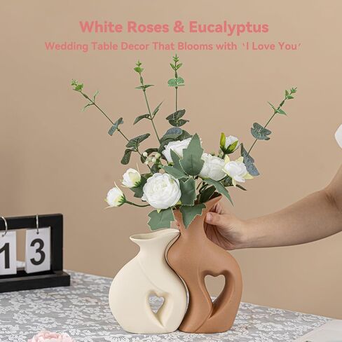 Heart Linked Couple Vase Set - 2-Pcs Beige & Brown Ceramic Vases with Hollow Heart Design, Romantic Gifts for Couples, Wedding Decor for Couple,Decorative Vase for Living Room/Dresser in Saudi Arabia