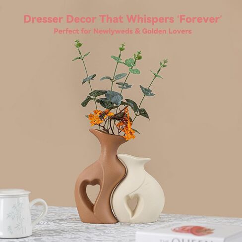 Heart Linked Couple Vase Set - 2-Pcs Beige & Brown Ceramic Vases with Hollow Heart Design, Romantic Gifts for Couples, Wedding Decor for Couple,Decorative Vase for Living Room/Dresser in Saudi Arabia