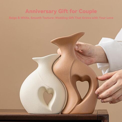 Heart Linked Couple Vase Set - 2-Pcs Beige & Brown Ceramic Vases with Hollow Heart Design, Romantic Gifts for Couples, Wedding Decor for Couple,Decorative Vase for Living Room/Dresser in Saudi Arabia