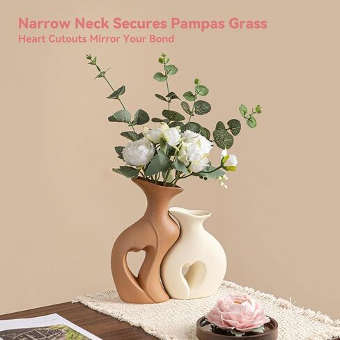 Heart Linked Couple Vase Set - 2-Pcs Beige & Brown Ceramic Vases with Hollow Heart Design, Romantic Gifts for Couples, Wedding Decor for Couple,Decorative Vase for Living Room/Dresser in Saudi Arabia