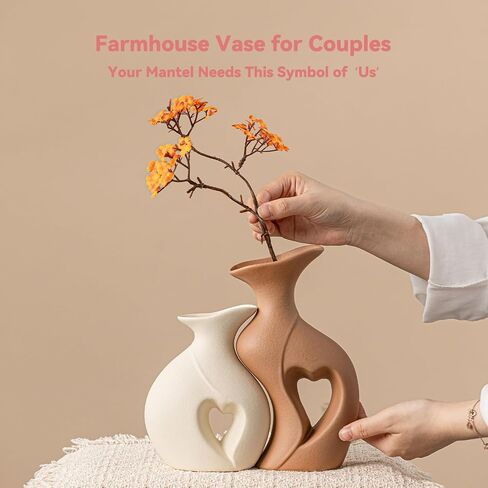 Heart Linked Couple Vase Set - 2-Pcs Beige & Brown Ceramic Vases with Hollow Heart Design, Romantic Gifts for Couples, Wedding Decor for Couple,Decorative Vase for Living Room/Dresser in Saudi Arabia