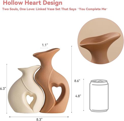 Heart Linked Couple Vase Set - 2-Pcs Beige & Brown Ceramic Vases with Hollow Heart Design, Romantic Gifts for Couples, Wedding Decor for Couple,Decorative Vase for Living Room/Dresser in Saudi Arabia