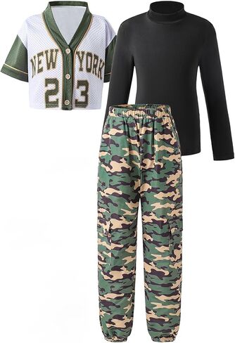 Girls 3-Piece Outfit Set Mesh Baseball Crop Top Mock Neck Long Sleeve Tee Camo Cargo Pants Trendy Streetwear in Kuwait