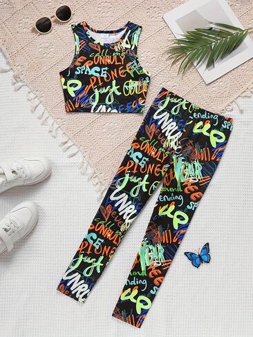Girls Crop Top and Leggings Set Sleeveless Summer Outfit High Waist Fitted 2 Piece Casual Sporty Wear in Kuwait