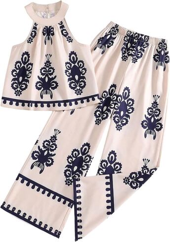OYOANGLE Girl's Boho 2 Piece Outfits Paisley Print Halter Tank Top and Wide Leg Pants Set Summer Clothes in Kuwait