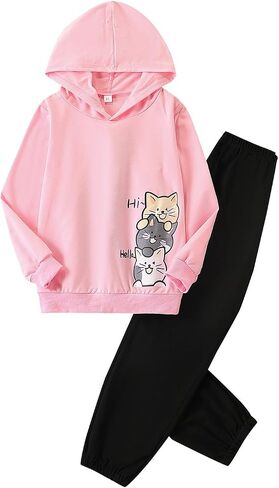 Girls 2 Piece Outfit Cartoon Graphic Hoodie + Elastic Waist Long Pants Set Fall Winter Fashion Clothing in Kuwait