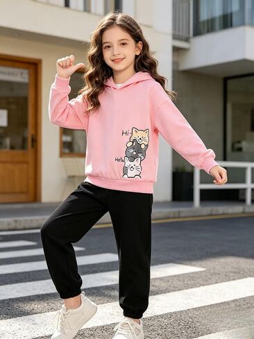 Girls 2 Piece Outfit Cartoon Graphic Hoodie + Elastic Waist Long Pants Set Fall Winter Fashion Clothing in Kuwait