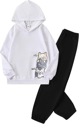 Girls 2 Piece Outfit Cartoon Graphic Hoodie + Elastic Waist Long Pants Set Fall Winter Fashion Clothing in Kuwait