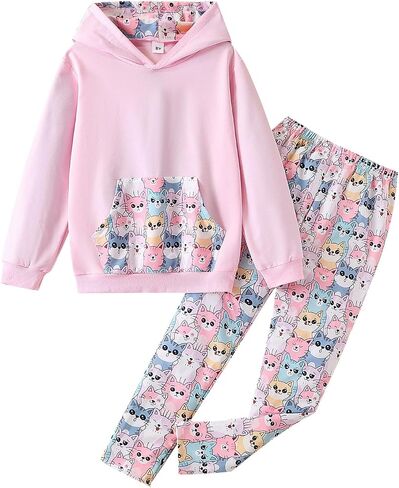 Girls 2 Piece Outfit Cartoon Graphic Hoodie + Elastic Waist Long Pants Set Fall Winter Fashion Clothing in Kuwait