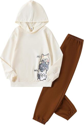 Girls 2 Piece Outfit Cartoon Graphic Hoodie + Elastic Waist Long Pants Set Fall Winter Fashion Clothing in Kuwait