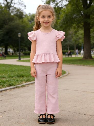 Girls Short Sleeve Ruffle Hem Top & Straight Leg Pants Set Cute Outfit Soft 2 Piece Casual Wear in Kuwait