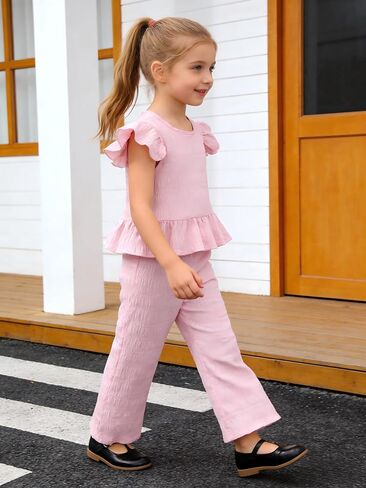 Girls Short Sleeve Ruffle Hem Top & Straight Leg Pants Set Cute Outfit Soft 2 Piece Casual Wear in Kuwait