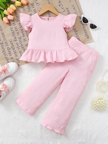 Girls Short Sleeve Ruffle Hem Top & Straight Leg Pants Set Cute Outfit Soft 2 Piece Casual Wear in Kuwait