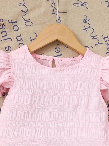 Girls Short Sleeve Ruffle Hem Top & Straight Leg Pants Set Cute Outfit Soft 2 Piece Casual Wear in Kuwait