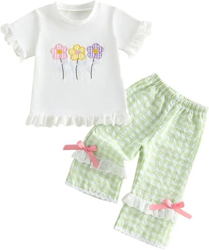 Toddler Little Girl School Clothes Apple Short Sleeve Tops Plaid Flared Pants Set Back To School Summer Outfit in Saudi Arabia