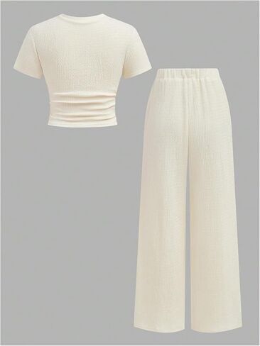 SweatyRocks Girl's 2 Piece Outfits Casual Ruched Short Sleeve T Shirt and Wide Leg Pants Sets in Kuwait
