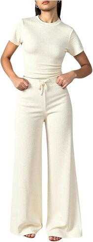 SweatyRocks Girl's 2 Piece Outfits Casual Ruched Short Sleeve T Shirt and Wide Leg Pants Sets in Kuwait