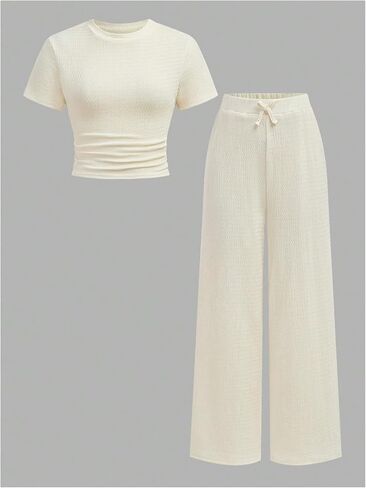 SweatyRocks Girl's 2 Piece Outfits Casual Ruched Short Sleeve T Shirt and Wide Leg Pants Sets in Kuwait