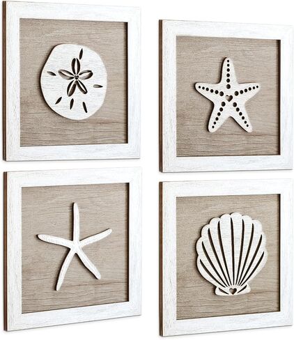 Novabright Framed Set of 4 Rustic Beach wall decor wood Disdressed Seashells and Starfish Coastal 3D Wall Art nautical coastal grandma decor for Bathroom Bedroom Beach House in Kuwait