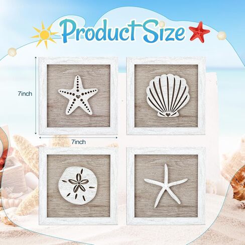 Novabright Framed Set of 4 Rustic Beach wall decor wood Disdressed Seashells and Starfish Coastal 3D Wall Art nautical coastal grandma decor for Bathroom Bedroom Beach House in Kuwait