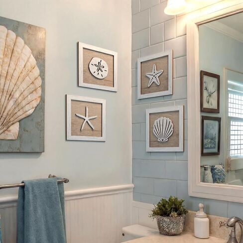 Novabright Framed Set of 4 Rustic Beach wall decor wood Disdressed Seashells and Starfish Coastal 3D Wall Art nautical coastal grandma decor for Bathroom Bedroom Beach House in Kuwait