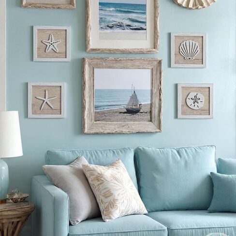 Novabright Framed Set of 4 Rustic Beach wall decor wood Disdressed Seashells and Starfish Coastal 3D Wall Art nautical coastal grandma decor for Bathroom Bedroom Beach House in Kuwait