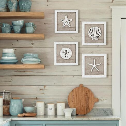 Novabright Framed Set of 4 Rustic Beach wall decor wood Disdressed Seashells and Starfish Coastal 3D Wall Art nautical coastal grandma decor for Bathroom Bedroom Beach House in Kuwait