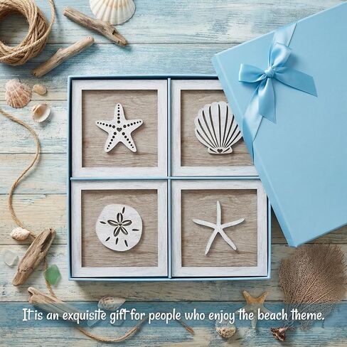 Novabright Framed Set of 4 Rustic Beach wall decor wood Disdressed Seashells and Starfish Coastal 3D Wall Art nautical coastal grandma decor for Bathroom Bedroom Beach House in Kuwait