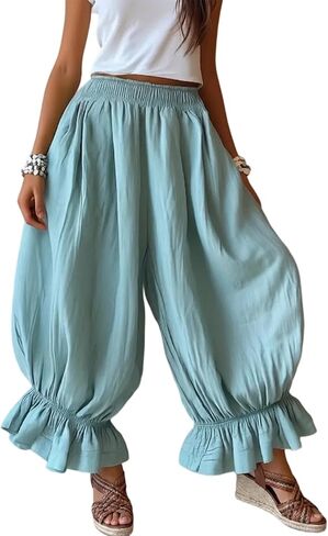 Voghtic Women's High Waist Balloon Harem Pants - Elastic Waist Ruffle Hem Wide Leg Cropped Casual Lounge Pants in Kuwait