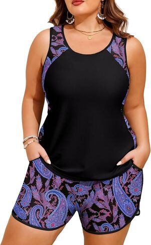 HUSKARY Plus Size Two Piece Tankini Swimsuit for Women 2026 Tummy Control Full Coverage Bathing Suits with Swim Shorts Pocket in Saudi Arabia