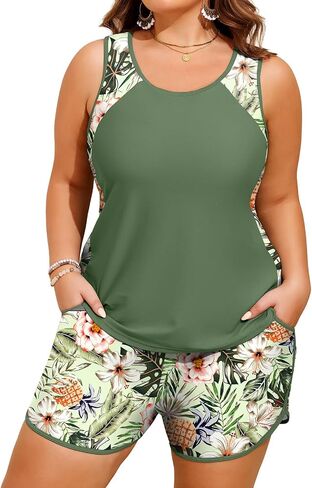 HUSKARY Plus Size Two Piece Tankini Swimsuit for Women 2026 Tummy Control Full Coverage Bathing Suits with Swim Shorts Pocket in Saudi Arabia