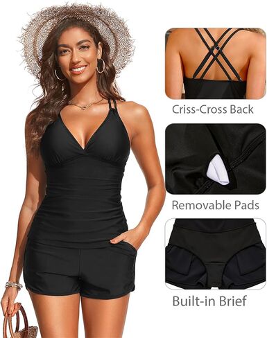 Talisea Womens Tankini Swimsuits with Shorts - Two Piece Tummy Control Bathing Suits with Pockets V Neck Swimwear Boyshorts in Kuwait