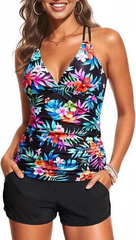 Talisea Womens Tankini Swimsuits with Shorts - Two Piece Tummy Control Bathing Suits with Pockets V Neck Swimwear Boyshorts in Kuwait
