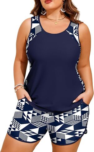 HUSKARY Plus Size Two Piece Tankini Swimsuit for Women 2026 Tummy Control Full Coverage Bathing Suits with Swim Shorts Pocket in Saudi Arabia